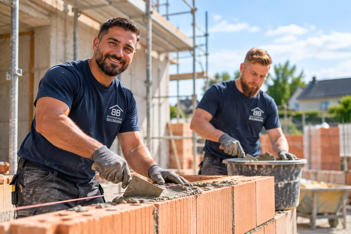 Zwei Mitarbeiter des Bauunternehmens Baumann bei Maurerarbeiten auf einer Rohbaustelle.