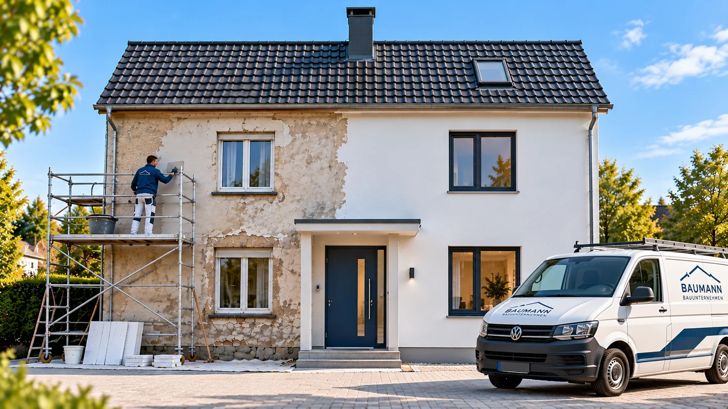 Handwerker saniert die Fassade eines Einfamilienhauses auf einem Gerüst, daneben steht ein Firmenfahrzeug von Bauunternehmen Baumann.