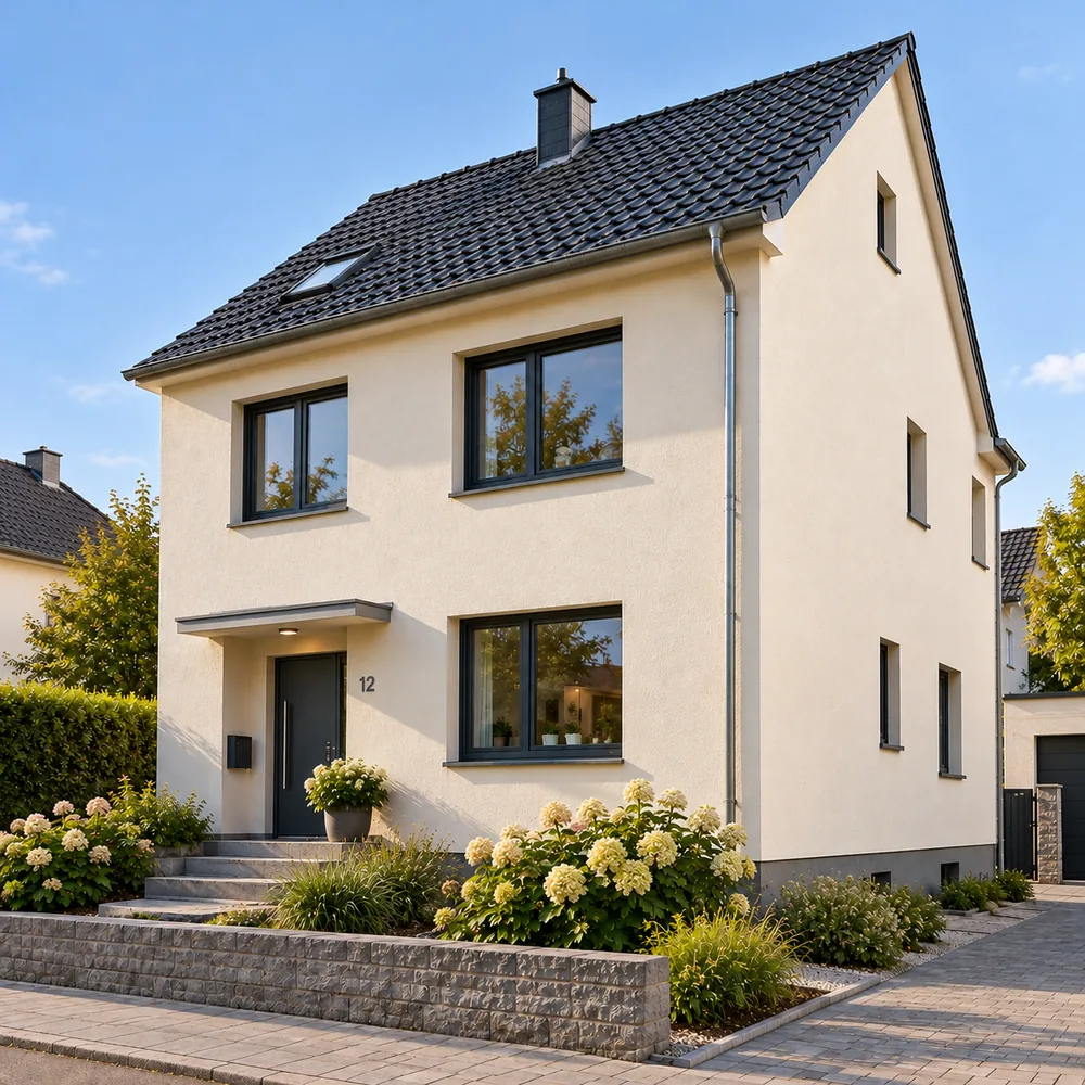 Energetisch saniertes Einfamilienhaus aus den 1930er-Jahren mit neuer Putzfassade, modernen Fenstern und Hortensien im Vorgarten.