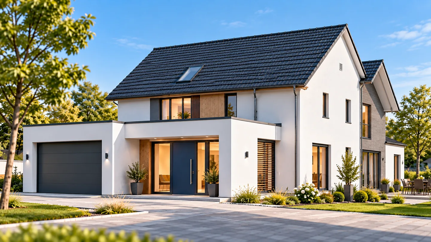 Modernes Einfamilienhaus mit weißer Fassade, dunklem Satteldach und angebauter Garage.