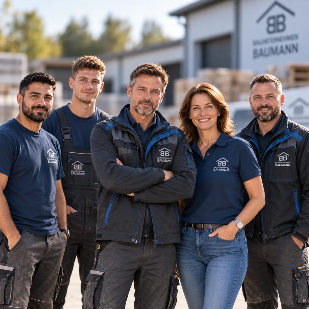 Das Team des familiengeführten Bauunternehmens Baumann mit dem Inhaberehepaar und drei Mitarbeitern auf dem Betriebshof.